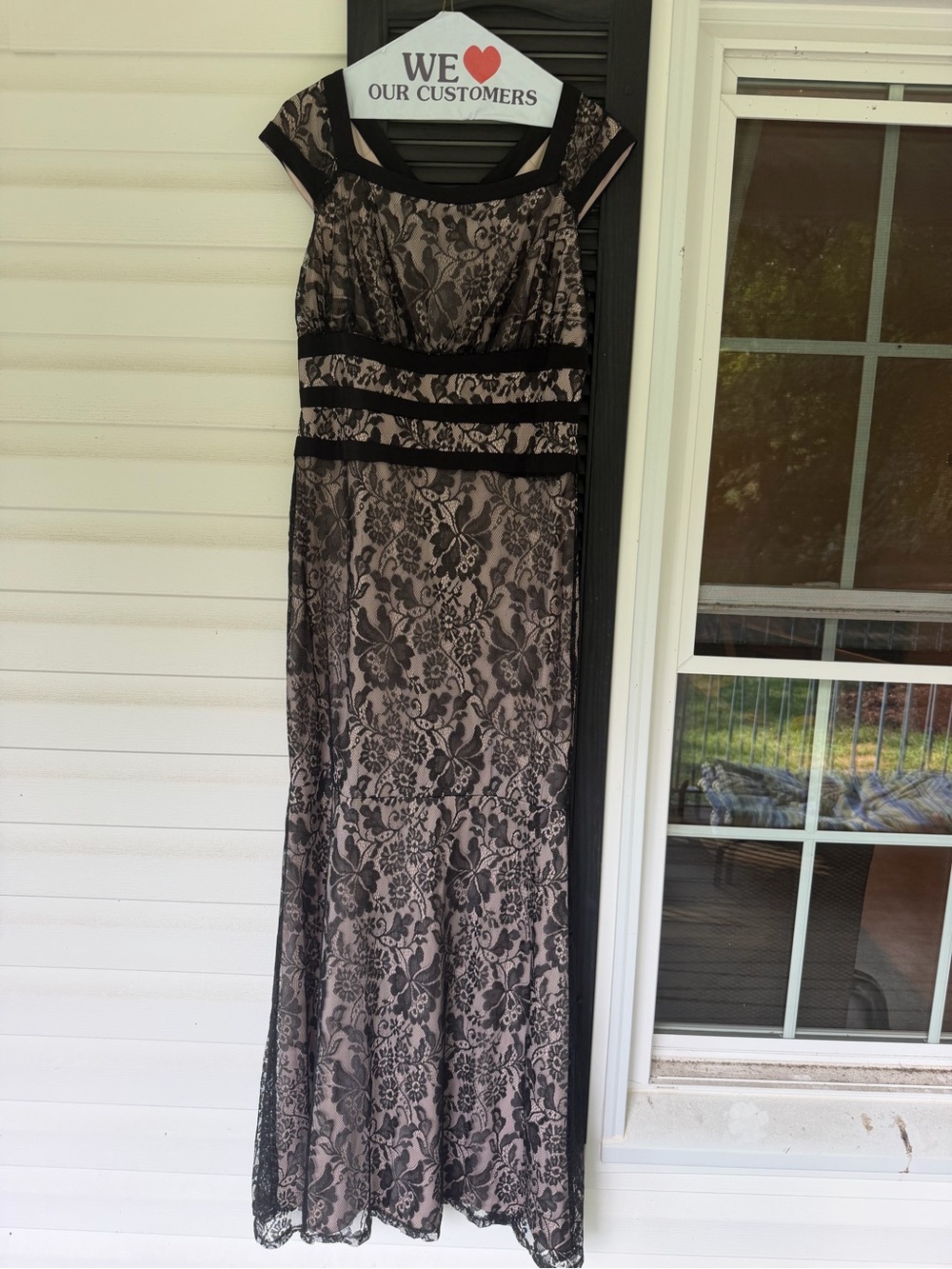 Signature by Sangria Black Lace Maxi Dress with Nude Underlay